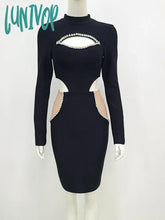 Lunivop Women Summer Sexy Long Sleeve Key Hole Mesh Beading Crystal Diamonds Black Bandage Dress